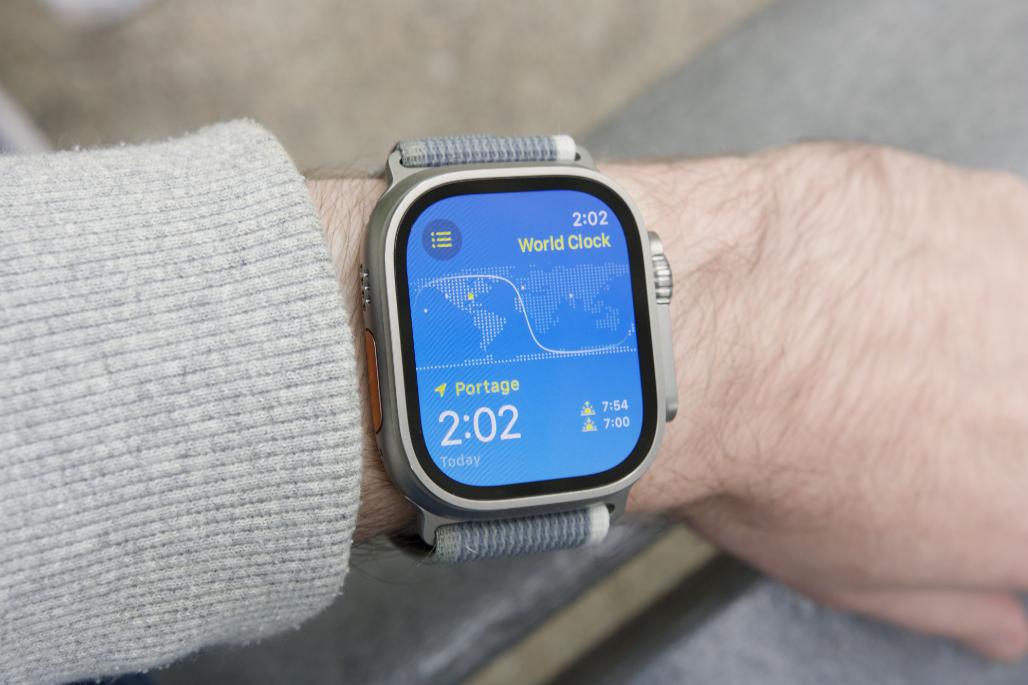 The World Clock app in watchOS 10 on the Apple Watch Ultra 2.