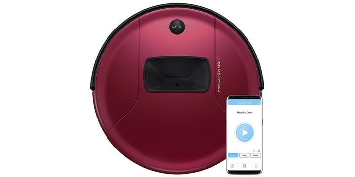 The bObsweep PetHair Vision Plus Robot Vacuum on a white background next to a phone showing the app.