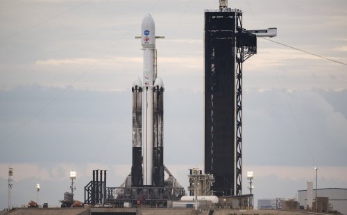 The Falcon Heavy rocket carrying the Psyche spacecraft.