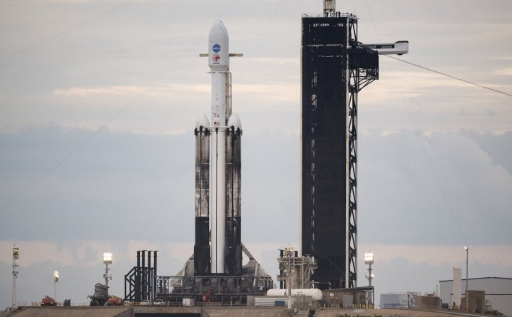 The Falcon Heavy rocket carrying the Psyche spacecraft.