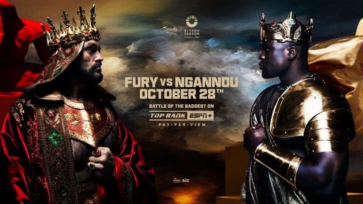 Tyson Fury and Francis Ngannou, both wearing crowns, face off on a promotional poster.