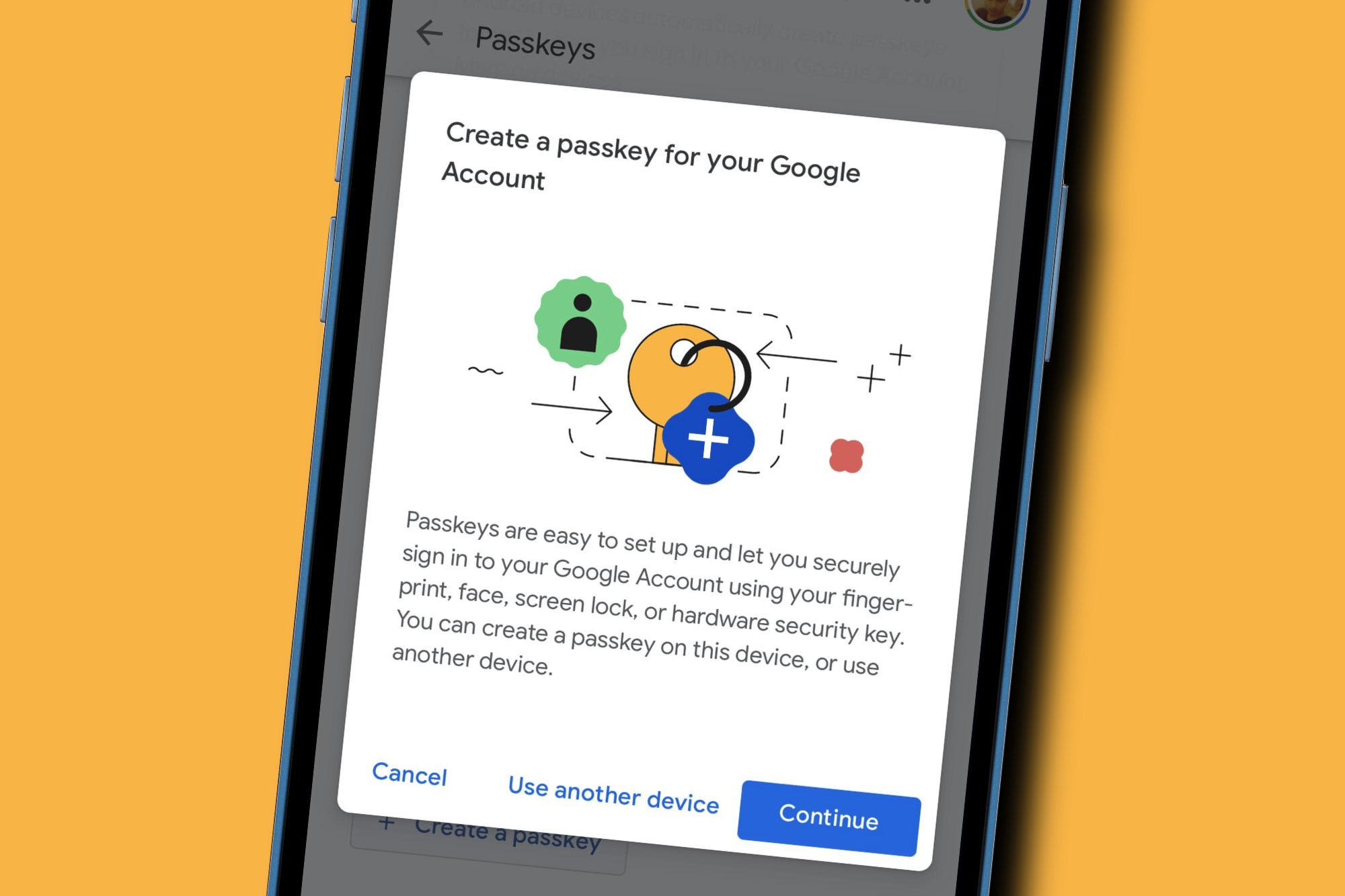 Prompt for creating a passkey for a Google account.