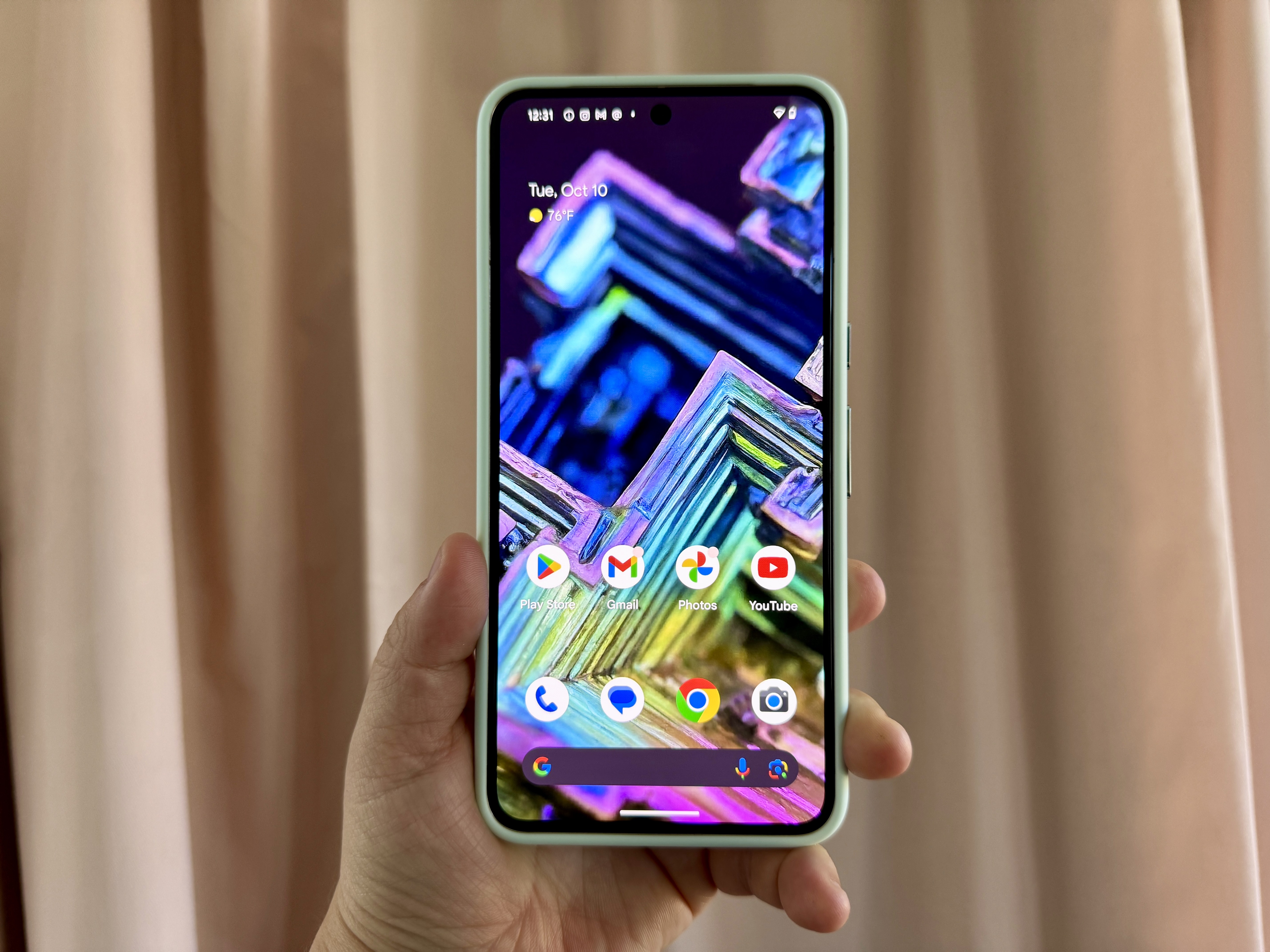 Google Pixel 8 Pro in a case showing off a custom AI generated wallpaper.