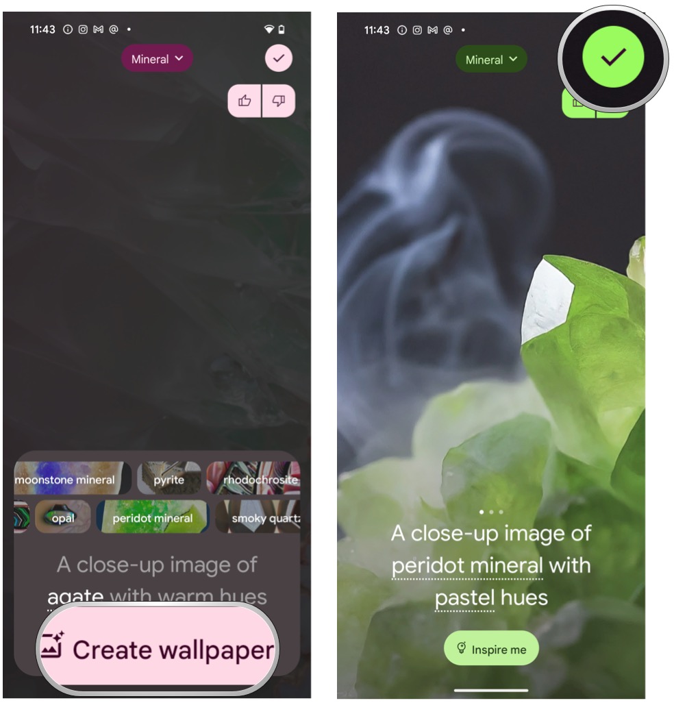 Pick out your choices for the prompt, then select Create Wallpaper, swipe between the choices generated for you, and if you like one, select the checkmark to apply it as your wallpaper.