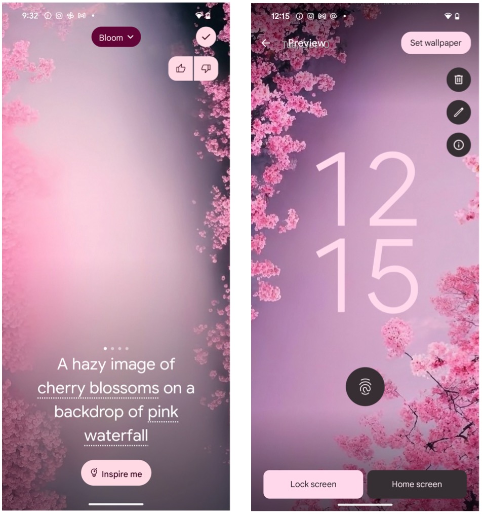 Google Pixel 8 Pro AI wallpaper generator with bloom theme featuring cherry blossoms.