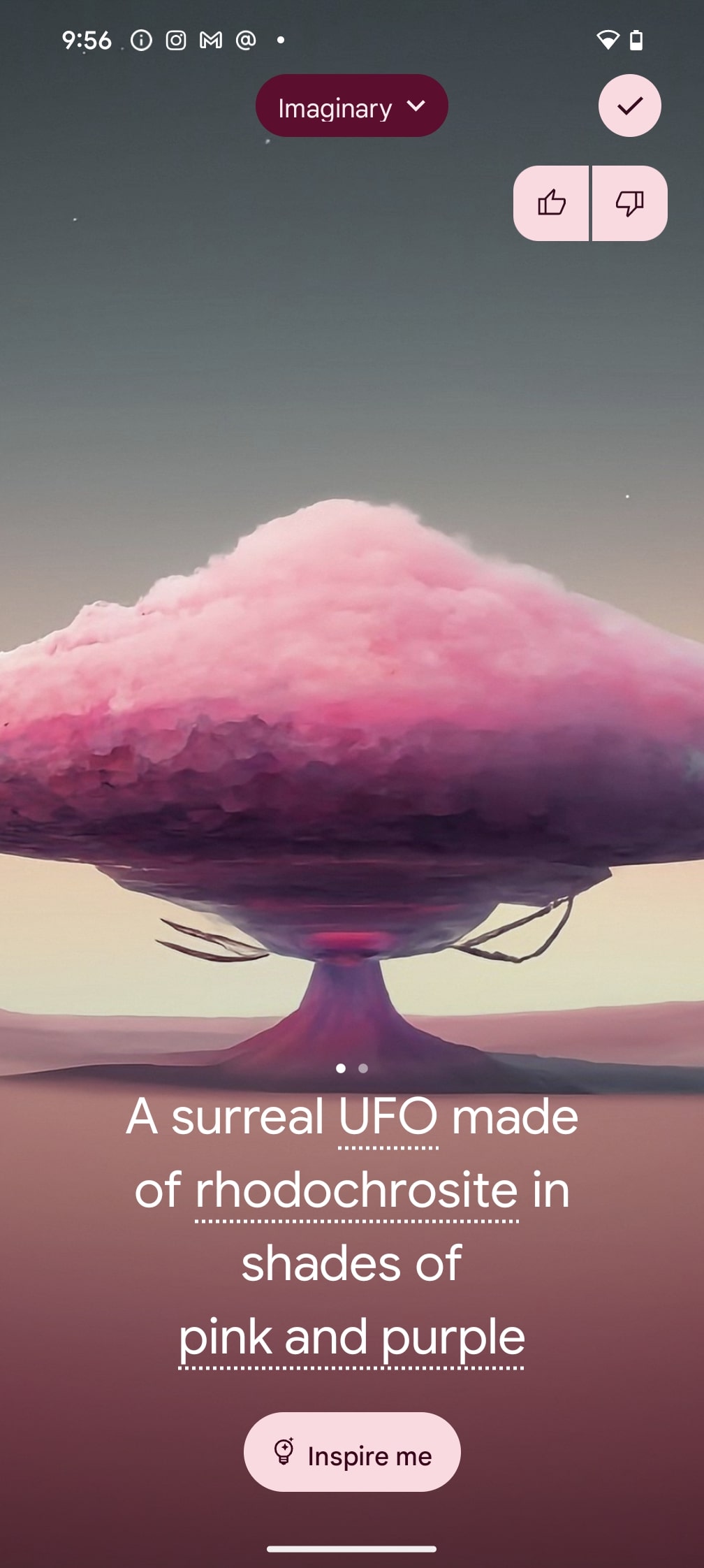 Google Pixel 8 Pro AI generated wallpaper of surreal UFO made of rhodochrosite in pink and purple shades.