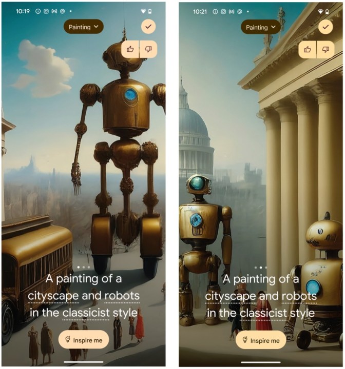Google Pixel 8 Pro AI वॉलपेपर जनरेटर उन्हें शहर के दृश्यों, रोबोटों और क्लासिकिस्ट शैली के साथ चित्रित करने के लिए।