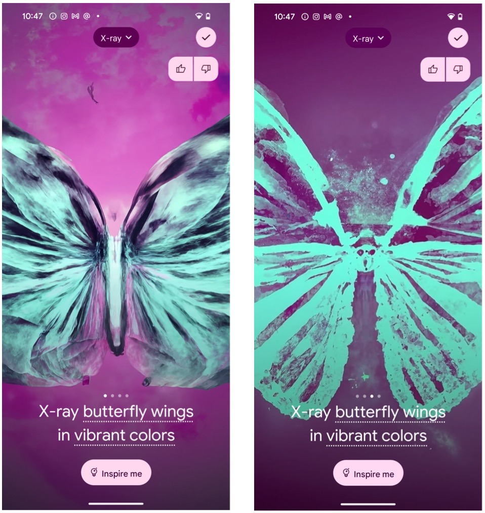 Google Pixel 8 Pro AI wallpaper generator for x-ray theme with butterfly wings in vibrant colors.