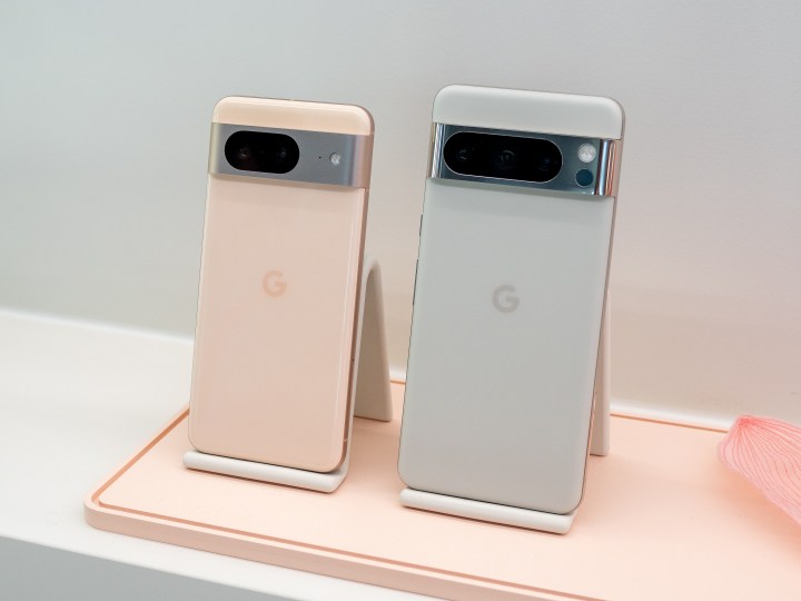 Google Pixel 8 and Pixel 8 Pro in pink and white.