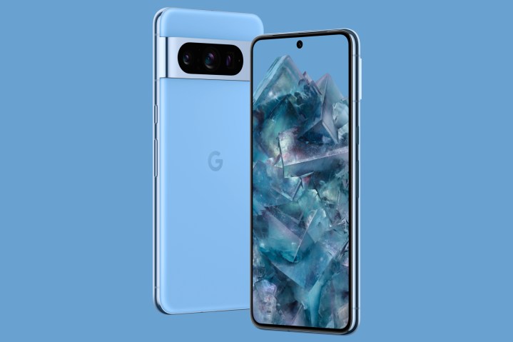 Google Pixel 8 Pro-Rendering vor blauem Hintergrund.