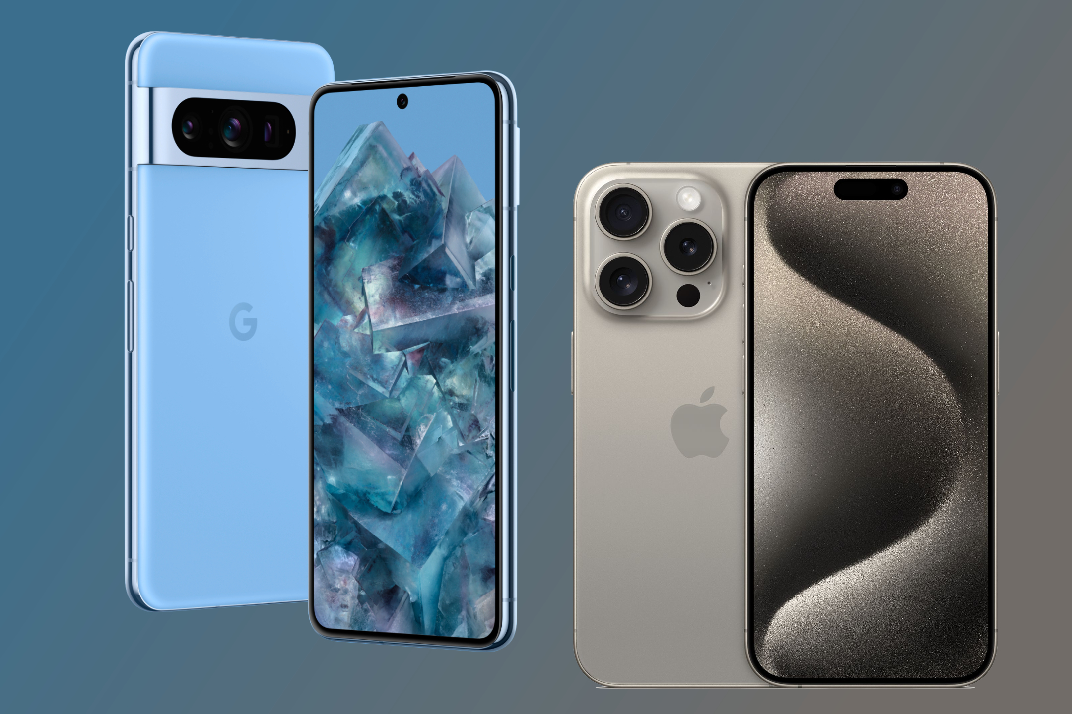 Renders of the Google Pixel 8 Pro and iPhone 15 Pro.