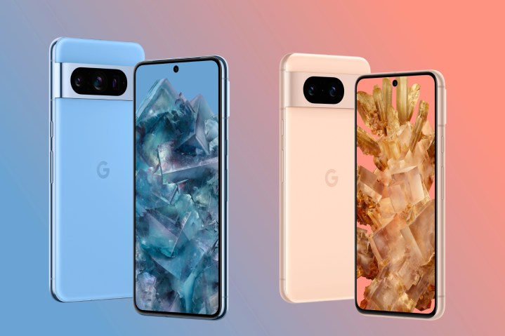 Renders of the Google Pixel 8 Pro and Pixel 8 next to each other.