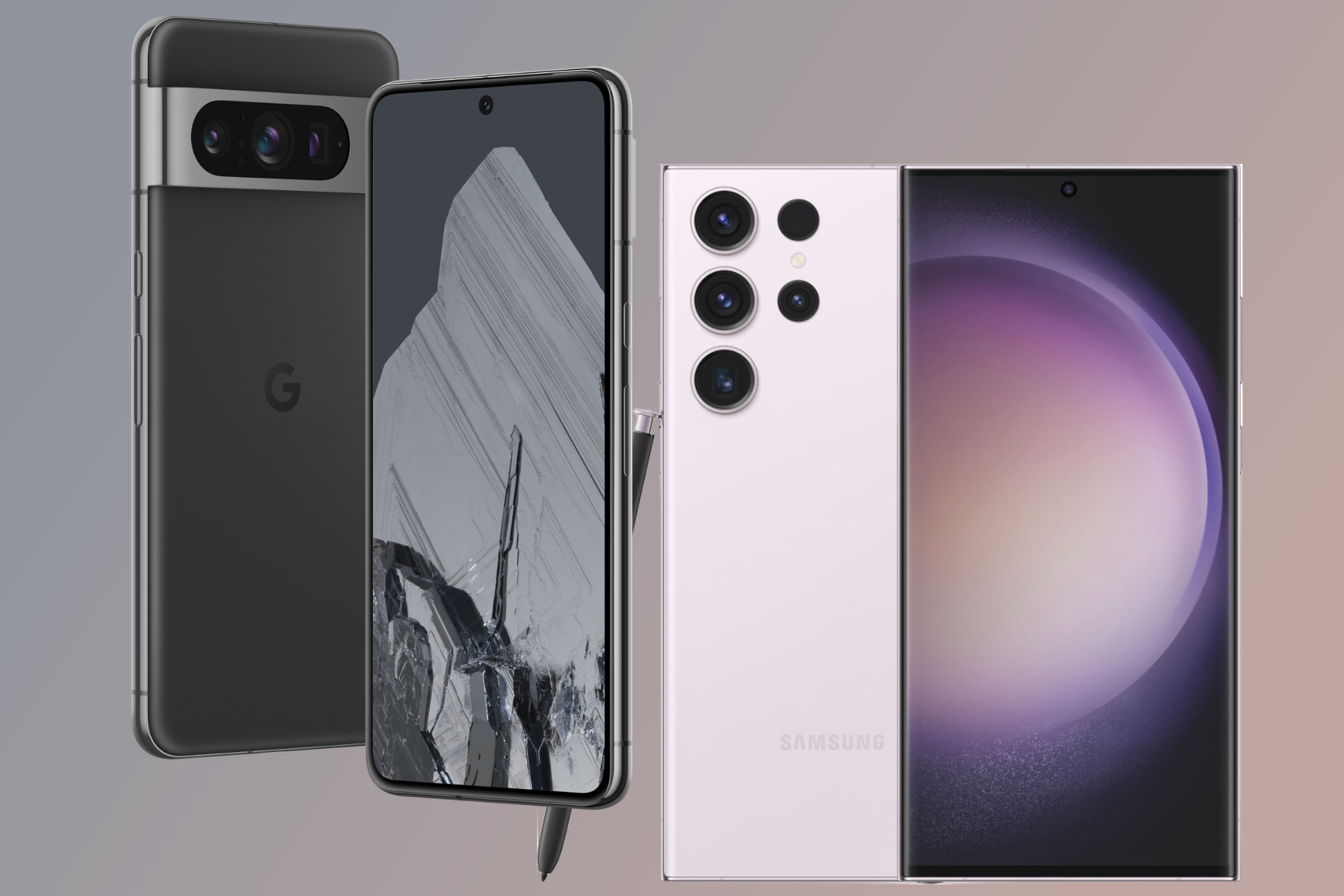Renders of the Google Pixel 8 Pro and Samsung Galaxy S23 Ultra next to each other.