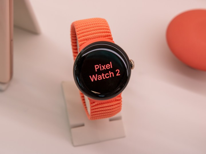 Google Pixel Watch 2 in coral color.