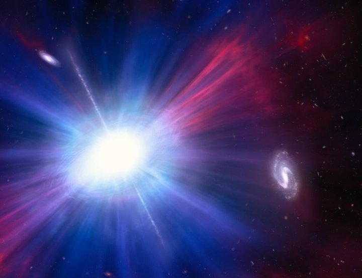Este es el concepto artístico de una de las explosiones más brillantes jamás vistas en el espacio. Llamado Luminous Fast Blue Optical Transient (LFBOT), brilla intensamente en luz azul y evoluciona rápidamente, alcanzando el brillo máximo y desvaneciéndose nuevamente en cuestión de días, a diferencia de las supernovas que tardan semanas o meses en atenuarse. Desde 2018 solo se han descubierto un puñado de LFBOT anteriores. Y todos ellos ocurren dentro de las galaxias donde nacen las estrellas. Pero como muestra esta ilustración, el destello LFBOT descubierto en 2023 por el Hubble se vio entre galaxias. Esto solo agrava el misterio de lo que son estos eventos transitorios. Debido a que los astrónomos no conocen el proceso subyacente detrás de los LFBOT, la explosión que se muestra aquí es puramente una conjetura basada en algún fenómeno transitorio conocido.