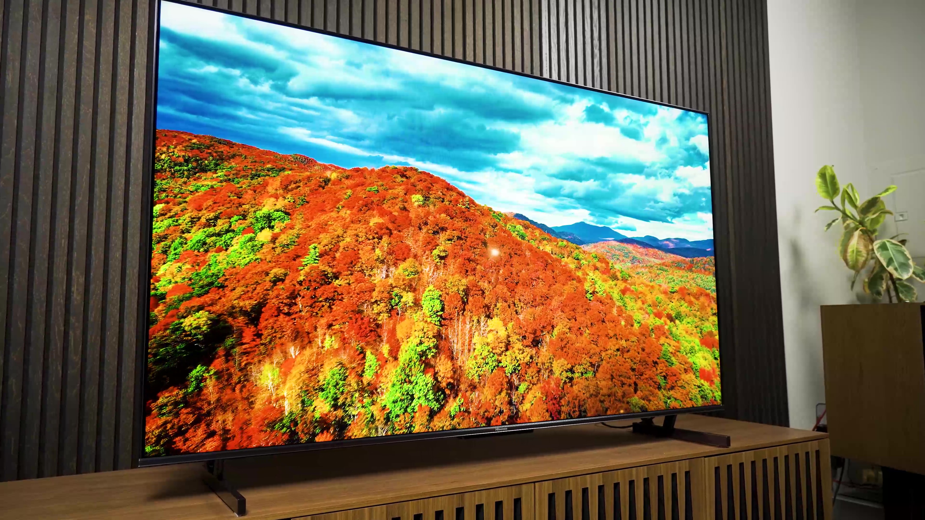 A hillside covered in brilliantly colored trees in autumn show on a Hisense U7K.