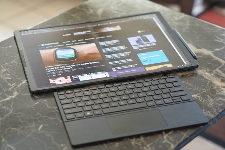 HP Spectre Foldable PC top down view showing tablet mode and keyboard.