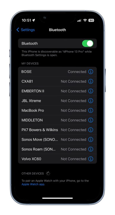Bluetooth settings on an iOS.