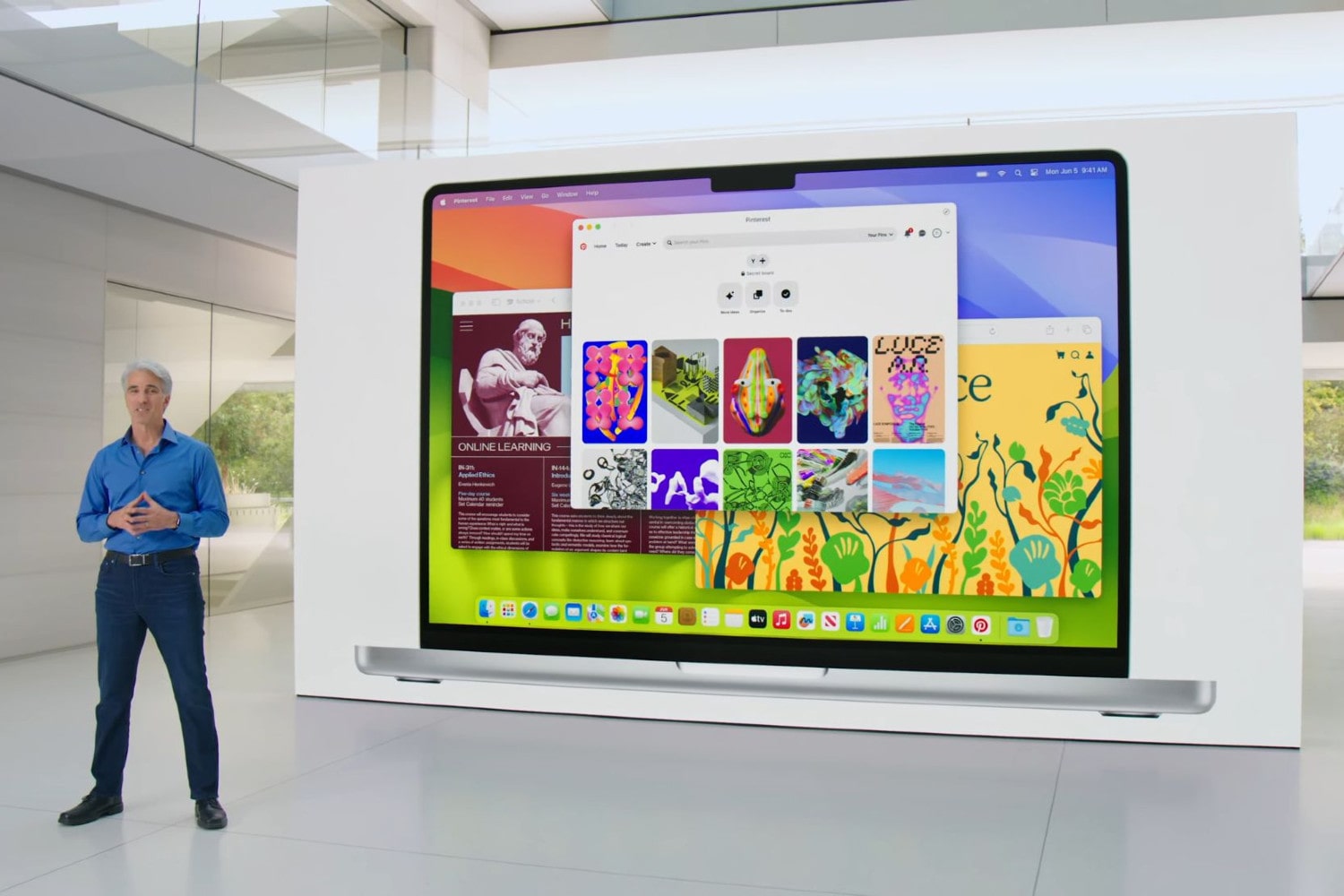 Apple'dan Craig Federighi, Haziran 2023'te şirketin Dünya Çapında Geliştiriciler Konferansı'nda (WWDC) macOS Sonoma'daki yeni özellikleri sunuyor.