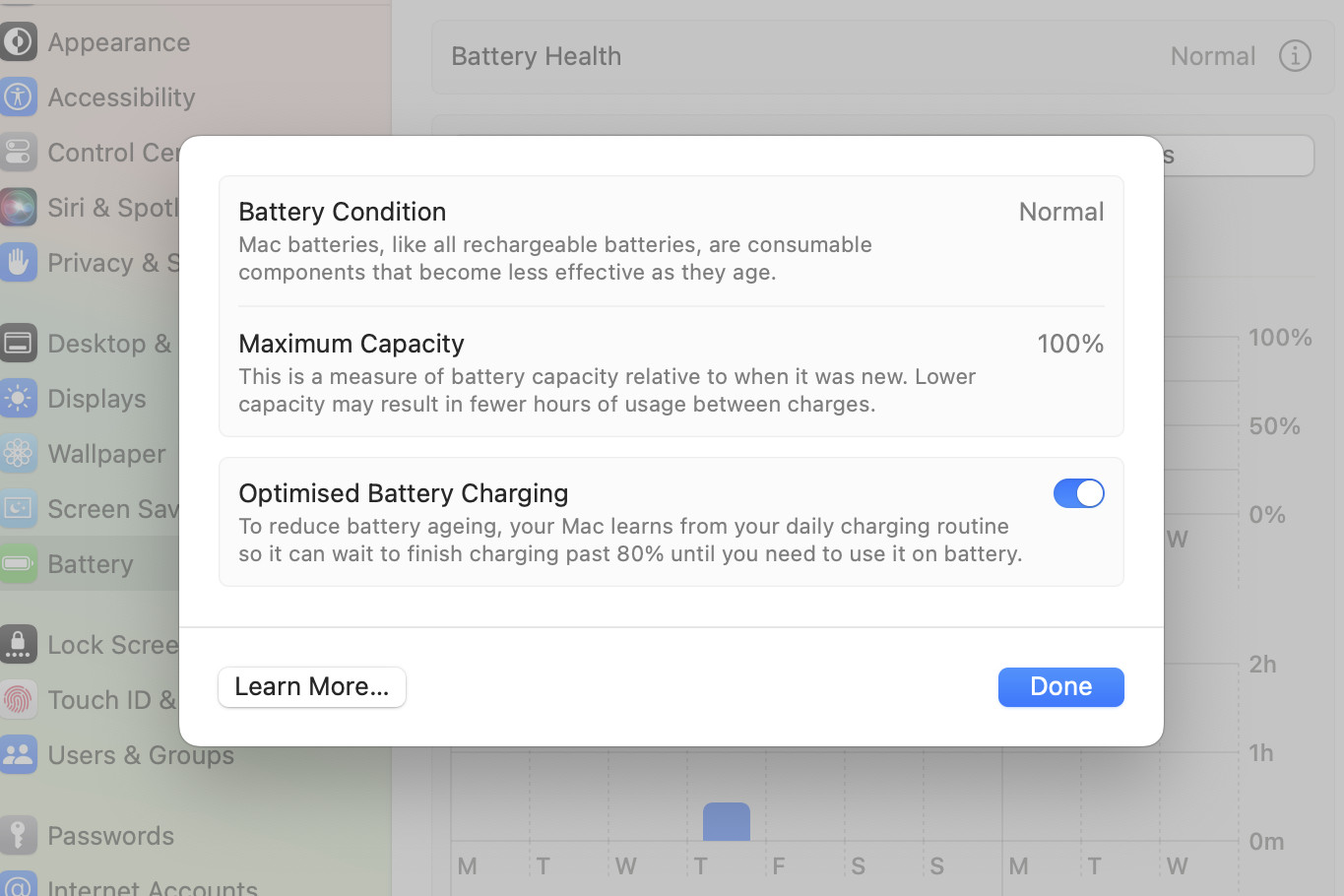 The battery health screen in macOS Sonoma's System Settings app.