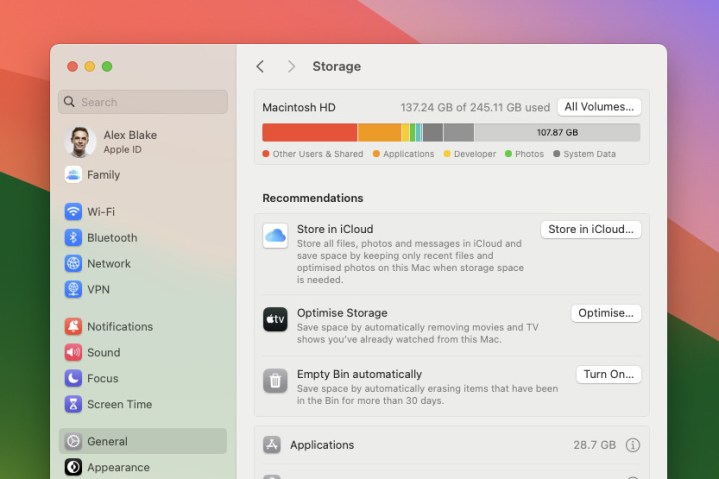The system storage page in macOS Sonoma's System Settings app.