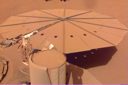 Dust blankets the solar panels of the Mars Insight lander, shortly before its demise.