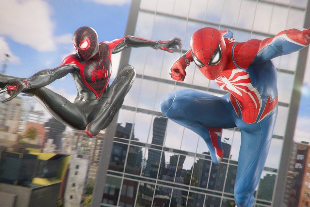 Peter and Miles leap in the air in Marvel's Spider-Man 2.