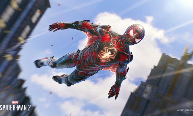 Spider-Man soars through the air in a biomechanical suit in Marvel's Spider-Man 2.