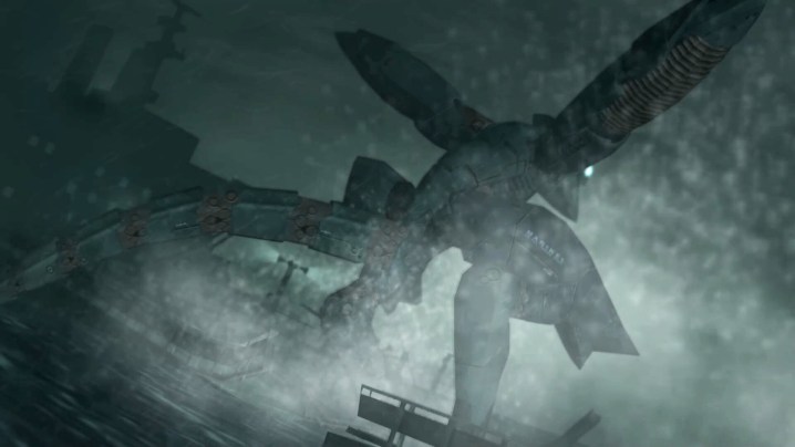 A mech jumps into water in Metal Gear Solid 2: Sons of Liberty.