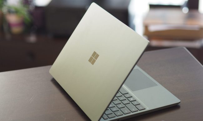Microsoft Surface Laptop Go 3 rear view showing lid and logo.