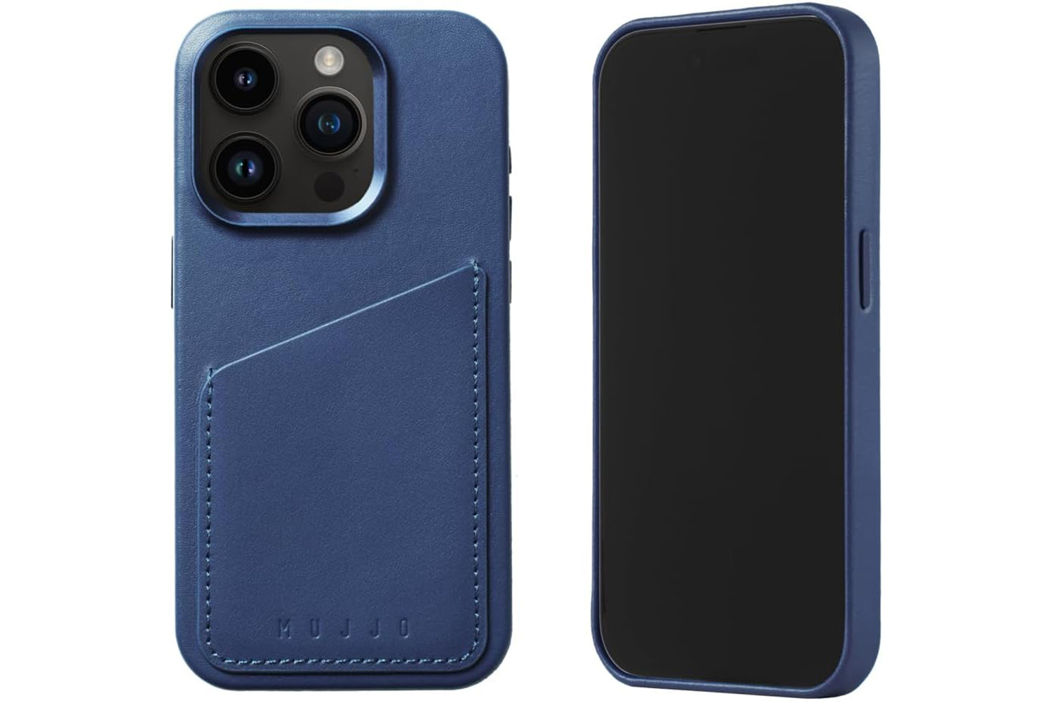 Mujjo iPhone 15 Pro Max case in blue.