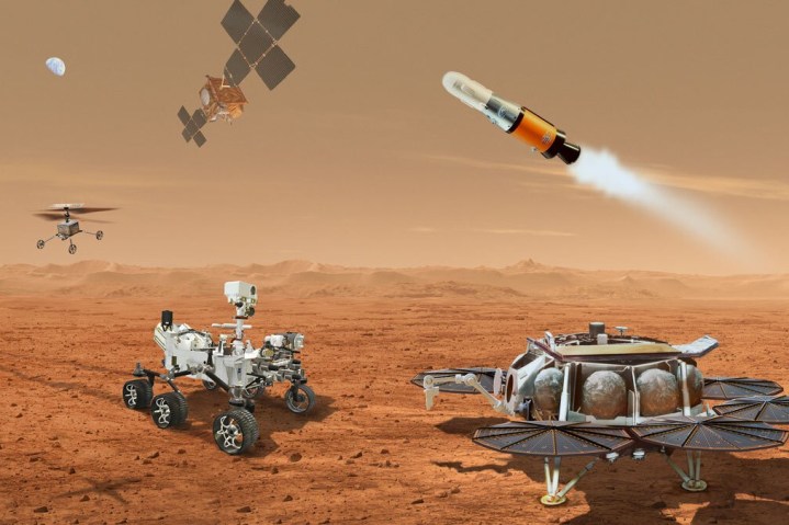An illustration of NASA's Sample Return Lander shows it tossing a rocket in the air like a toy from the surface of Mars.