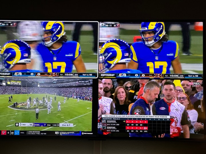 YouTube TV showing NFL games and bowling successful multiview.