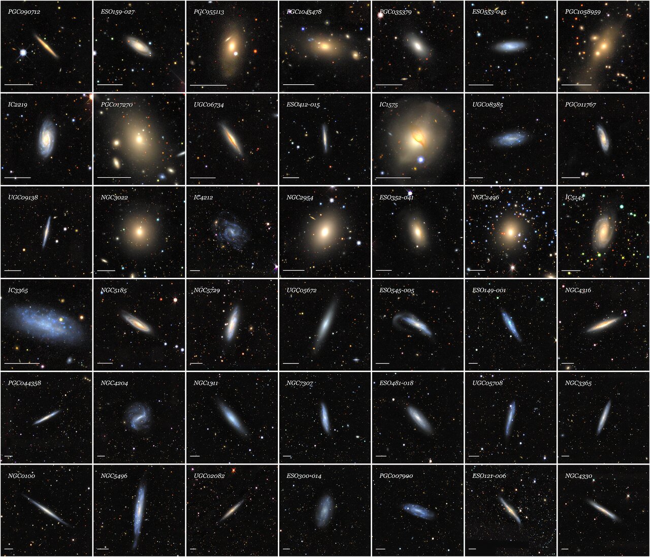Optical mosaics of 42 galaxies from the SGA-2020 sorted by increasing angular diameter from the top-left to the bottom-right. Galaxies are chosen randomly from a uniform (flat) probability distribution in angular diameter. The horizontal white bar in the lower-left corner of each panel represents 1 arcminute and the mosaic cutouts range from 3.2 to 13.4 arcminutes. This figure illustrates the tremendous range of types, sizes, colors and surface brightness profiles, internal structure, and environments of the galaxies in the SGA.