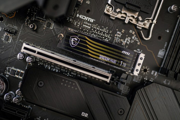 An SSD installed in a PC motherboard.