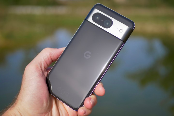 A person holding the Google Pixel 8, showing the back of the phone.