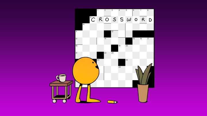 A cartoon orb does a Crossword puzzle in Puzzmo art.