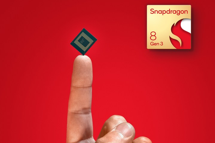 Un render del Qualcomm Snapdragon 8 Gen 3 sentado en la punta del dedo de alguien.