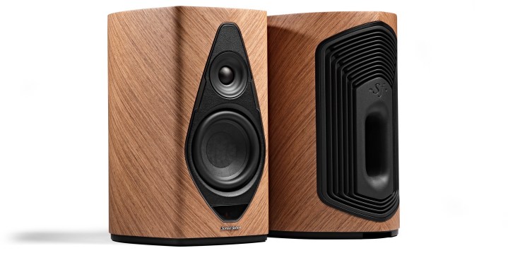 The Sonus Faber Duetto wireless speakers in natural wood.