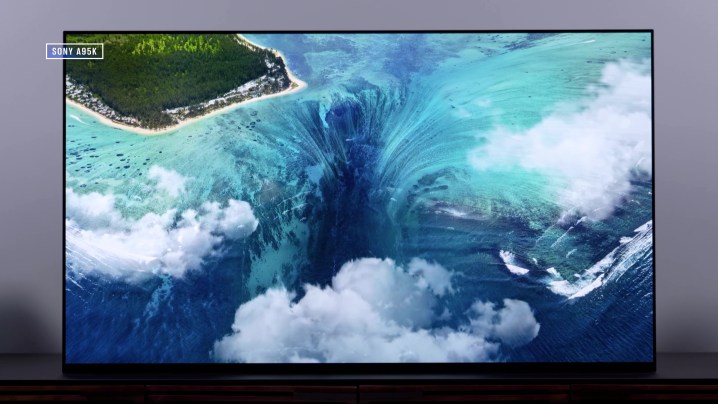An aerial view of the underwater waterfall near Mauritius shows on a Sony A95K OLED.