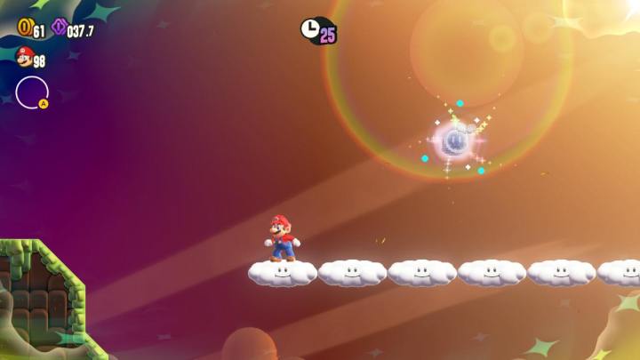 Mario is standing on clouds in Super Mario Bros. Wonder.