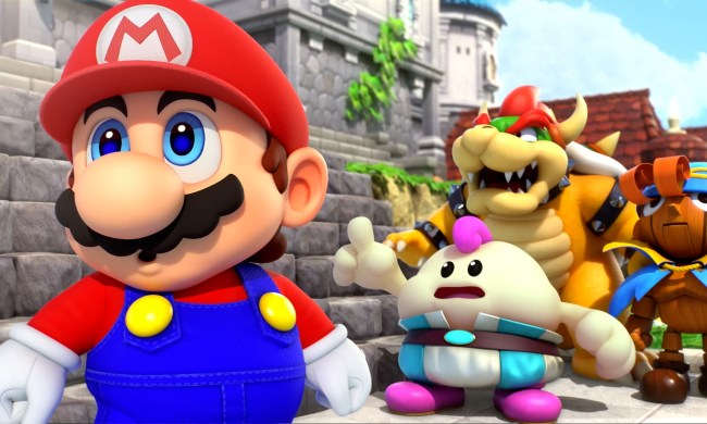 Mario, Mallow, Bowser, and Geno stare off-screen in Super Mario RPG.