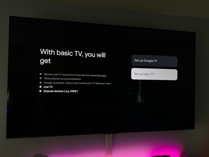 A setup screen offering just "basic TV" on a TCL television.