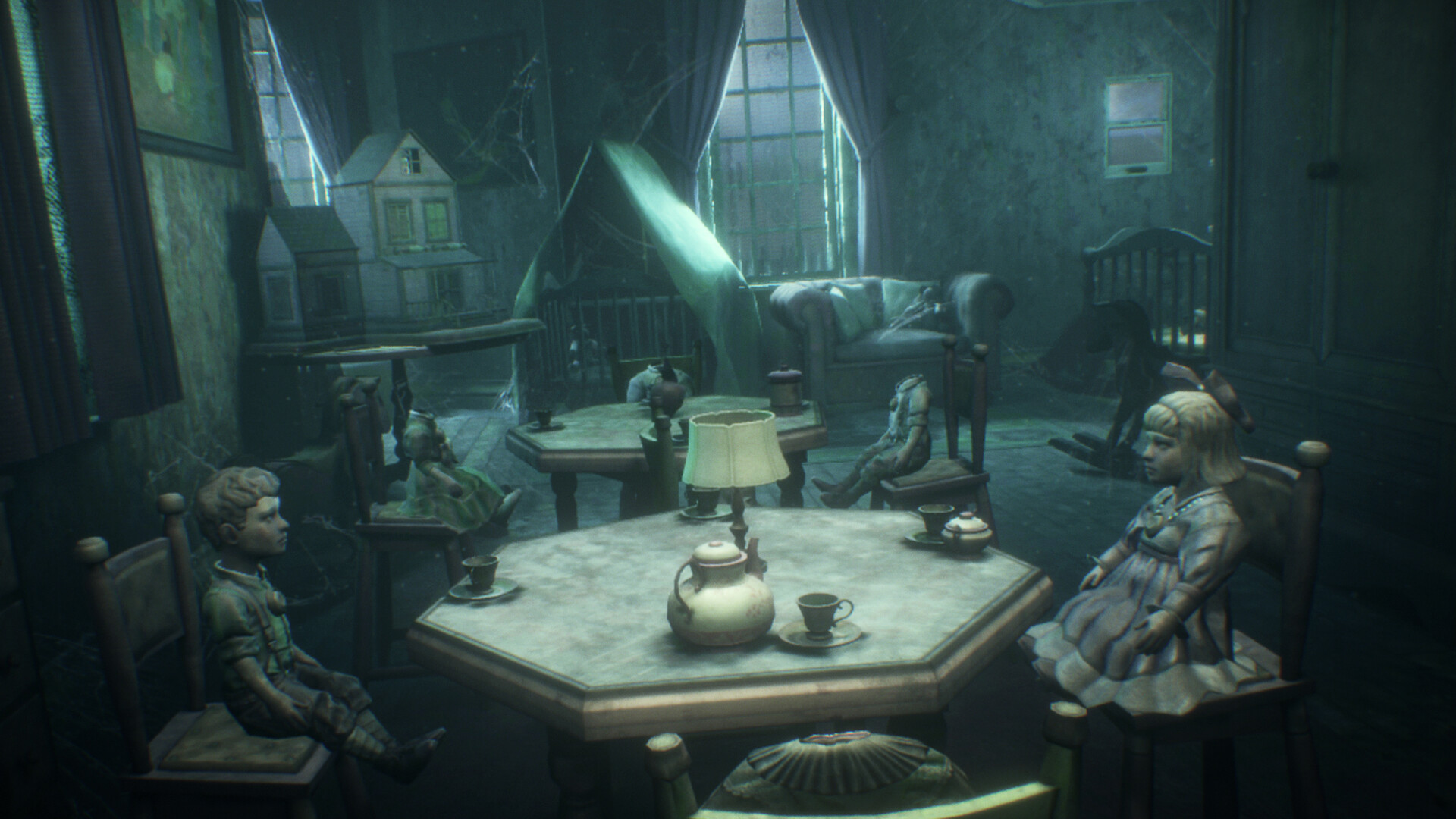 Dolls sit at a table in The 7th Guest VR.