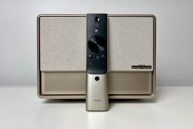 The Xgimi Horizon Ultra projector with the Andtoid TV remote.
