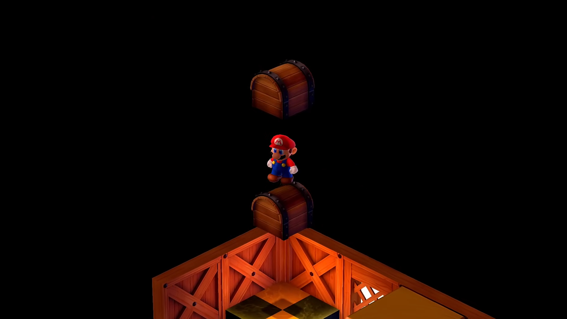 Mario standing on top of a chest.