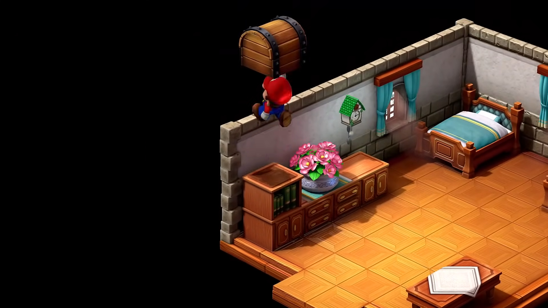 Mario jumping off a cabinet.
