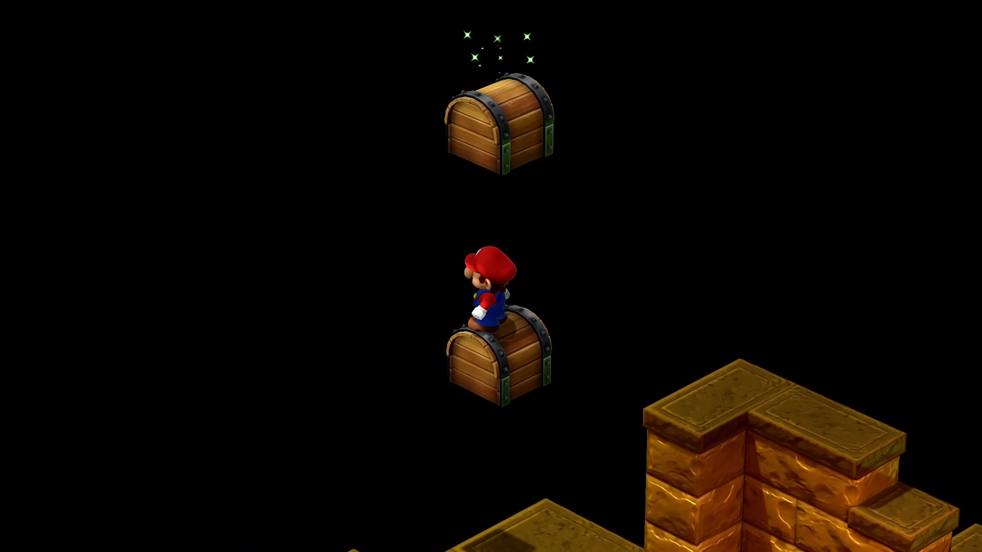 Mario standing on a floating chest.