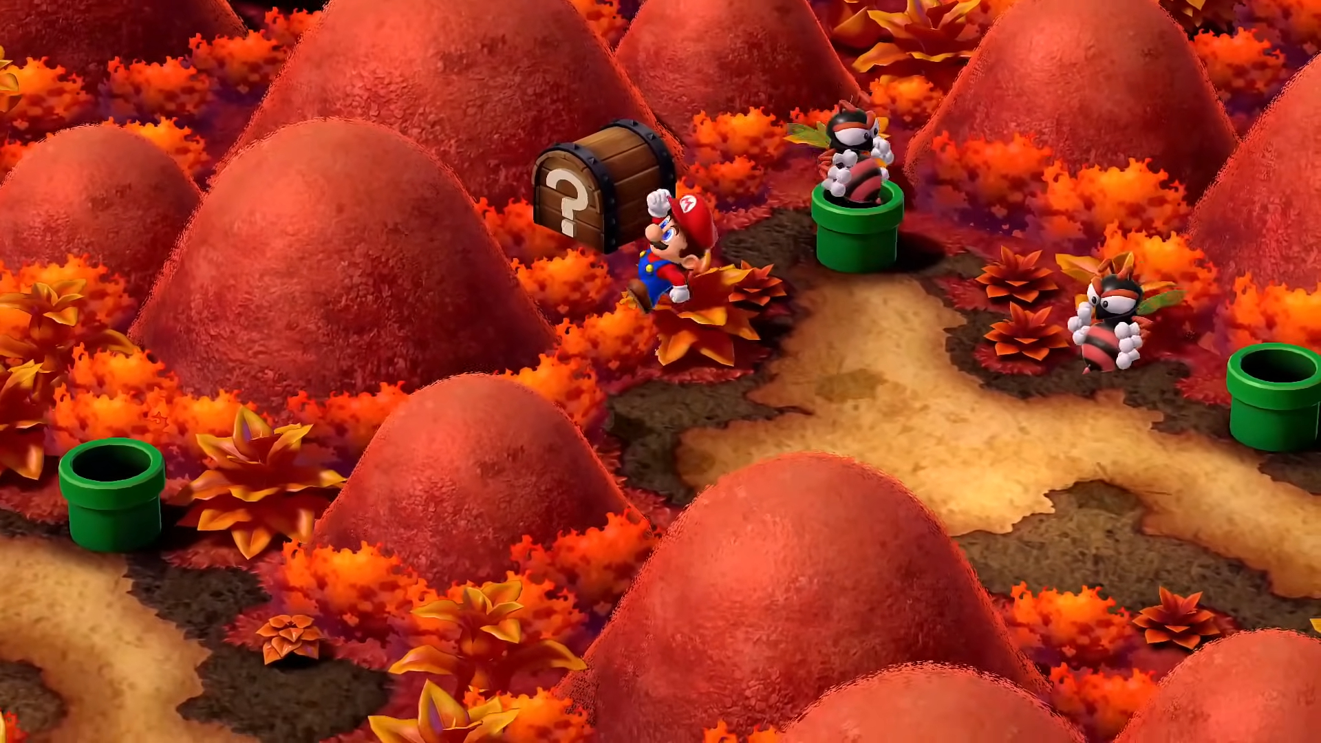 Mario in a red forest.