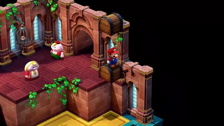 Марио стоит на летающем сундуке.